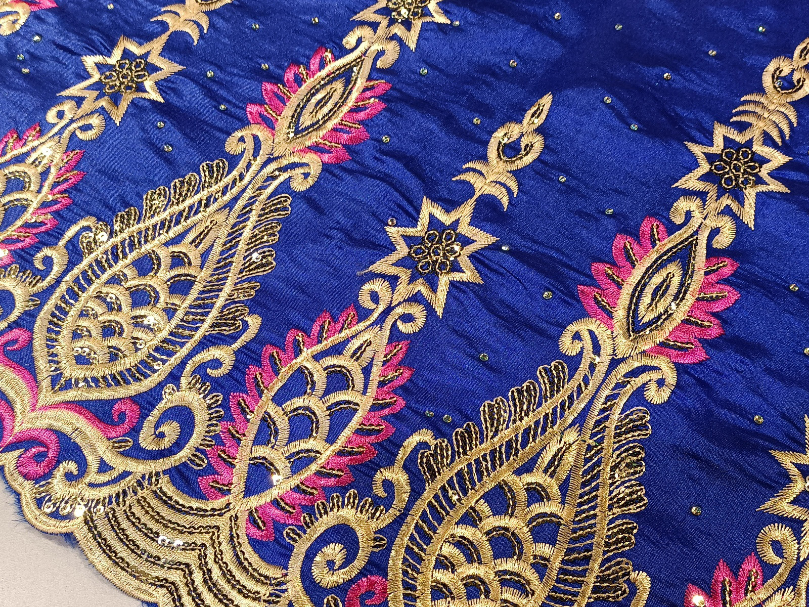 Shantung Bordado Cenefa Rifier Azul-Fucxia Cristal